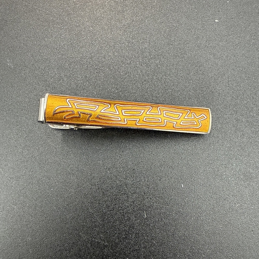 Vintage Tie Bar Orange Enamel Inlay Silver Tone Unmarked